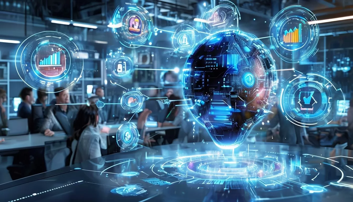 Futuristic AI Chatbot Engaging in Neon-Lit Business Environment