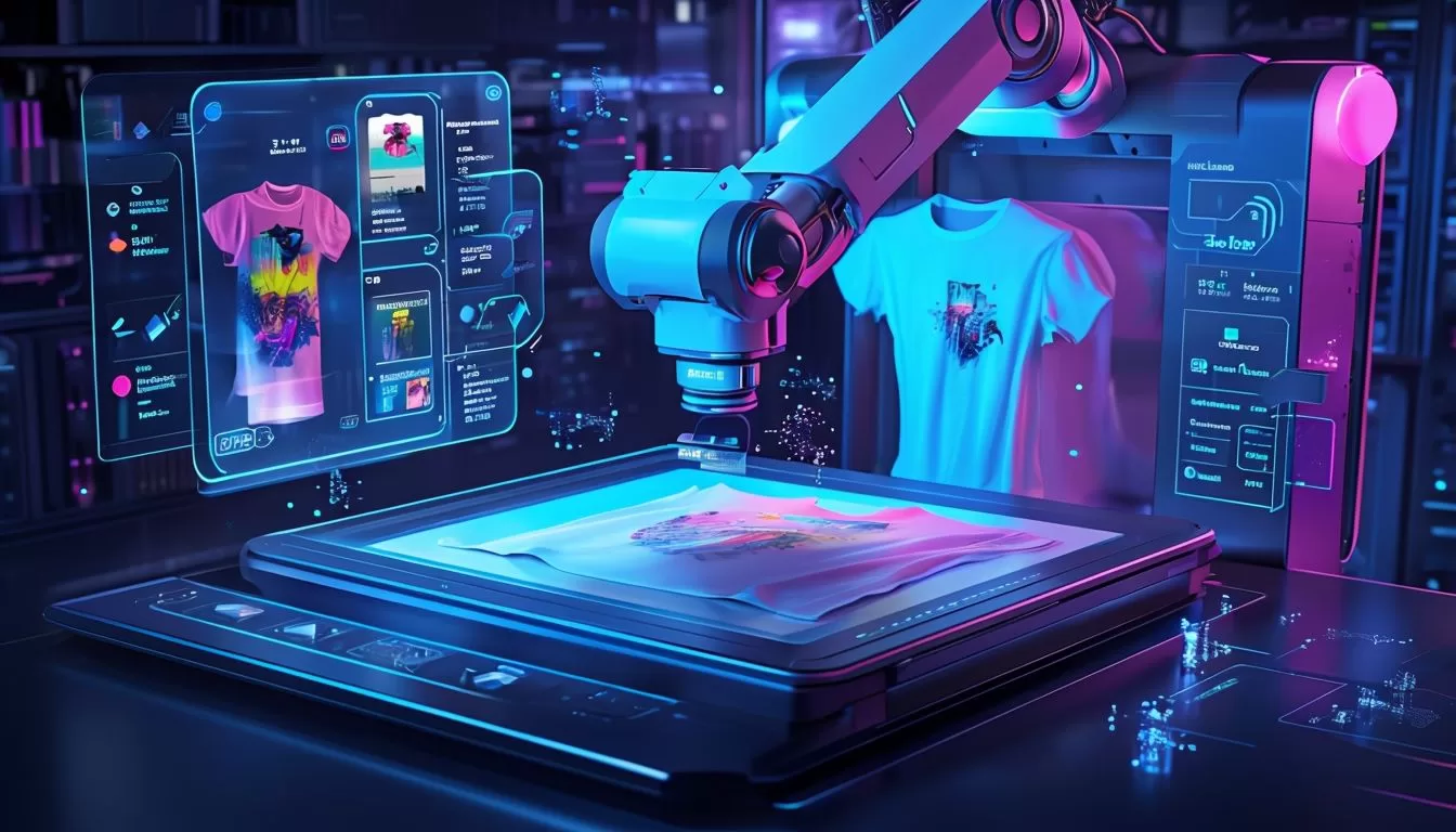 Futuristic AI Print-On-Demand Workstation Glowing with Neon Accents