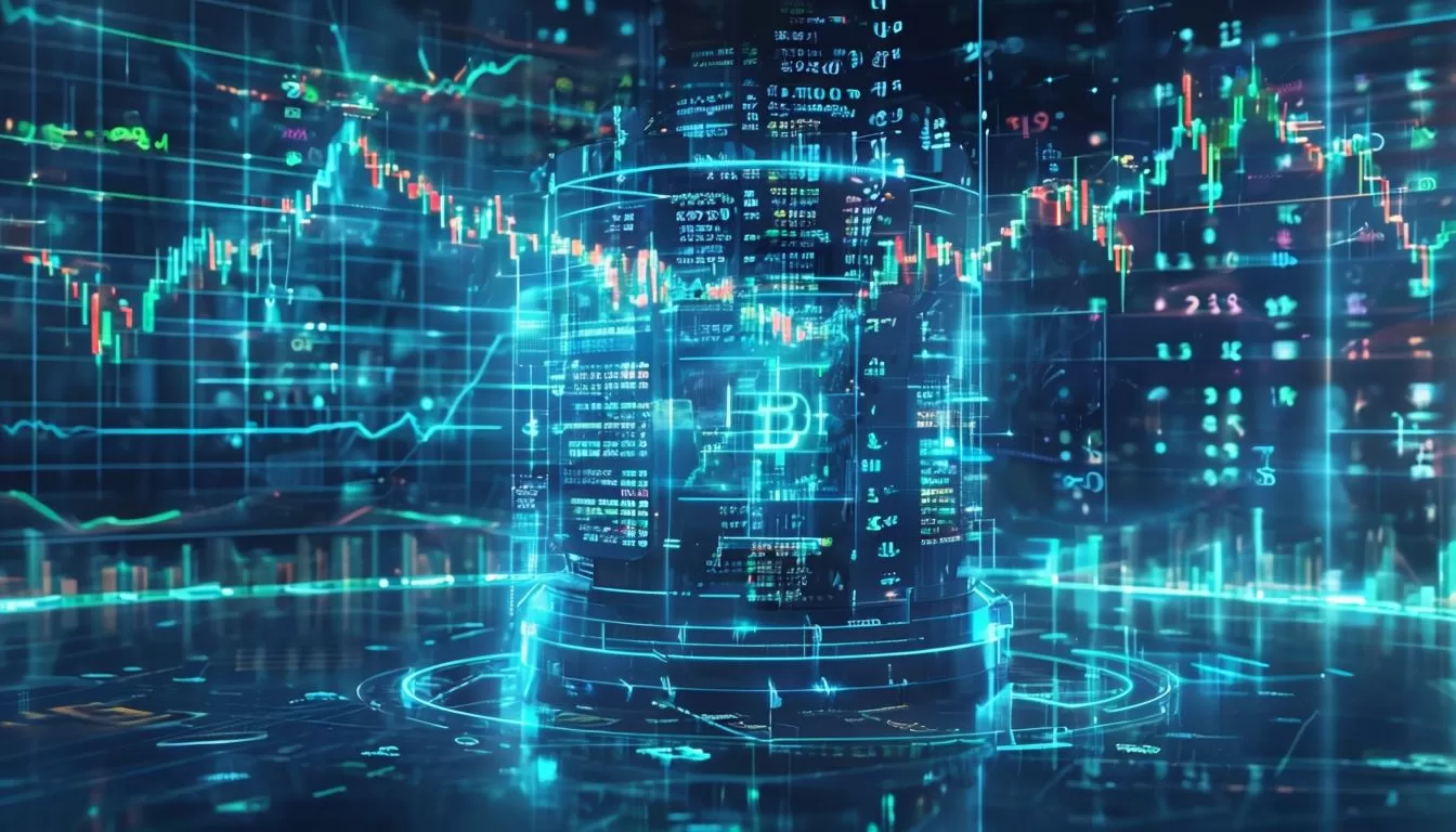 Futuristic AI Trading Bot in Vibrant Cyberpunk Environment