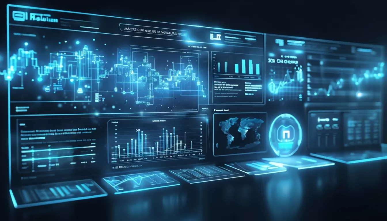 Futuristic Business Intelligence Interface With Holographic Dashboards Futuristic Business Intelligence Interface With Holographic Dashboards