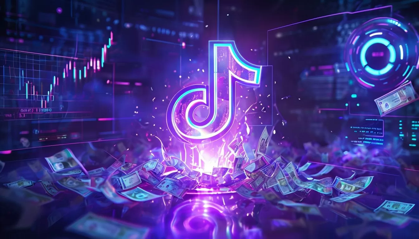 Glowing TikTok Logo Surrounded By Cascading Digital Currency